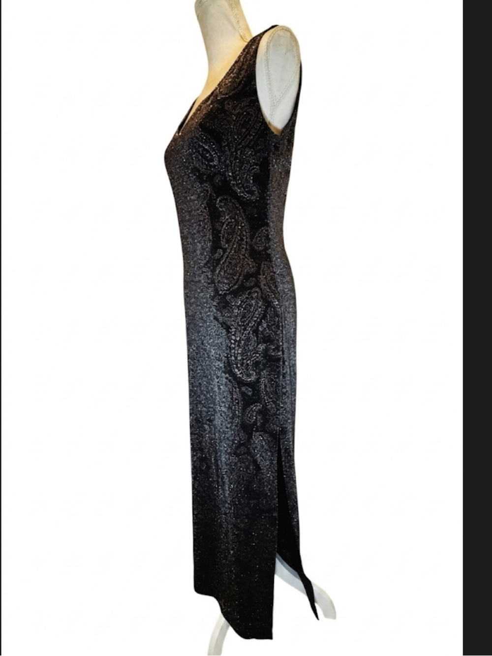 Ever Beauty Shimmering Paisley Maxi Dress. Embellished Gray/Silver. Size 10 - Picture 3 of 10